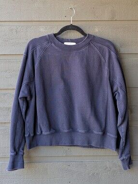 Korean Nonlocal Navy Blue Rib Block Crop Sweatshirt Free Size 100% Cotton